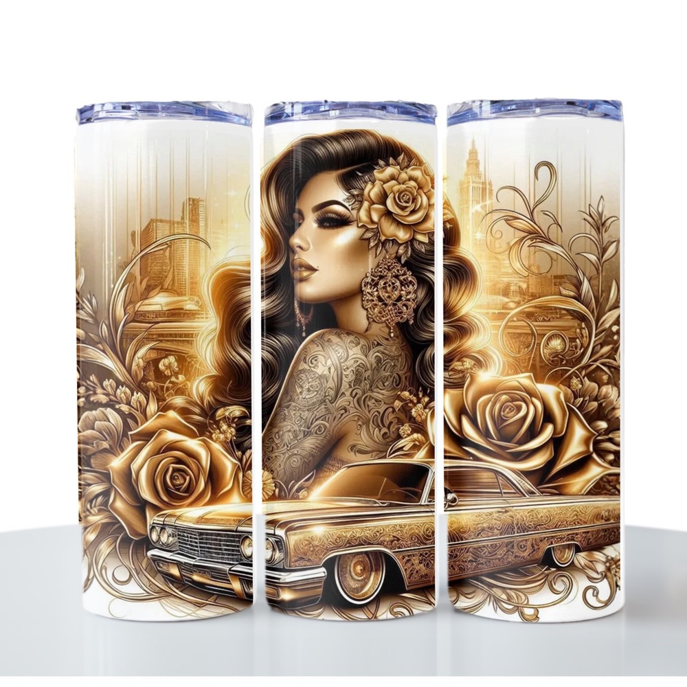 Decorative Gold Rose Car & Woman Wrap Stainless Steel Tumbler - White/Gold